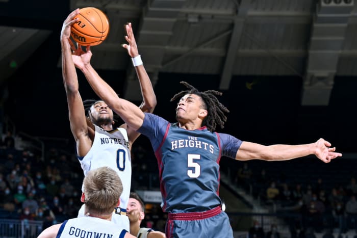 #5 Demarr Langford blocks a shot attempt by NBA first round draft pick #0 Blake Wesley